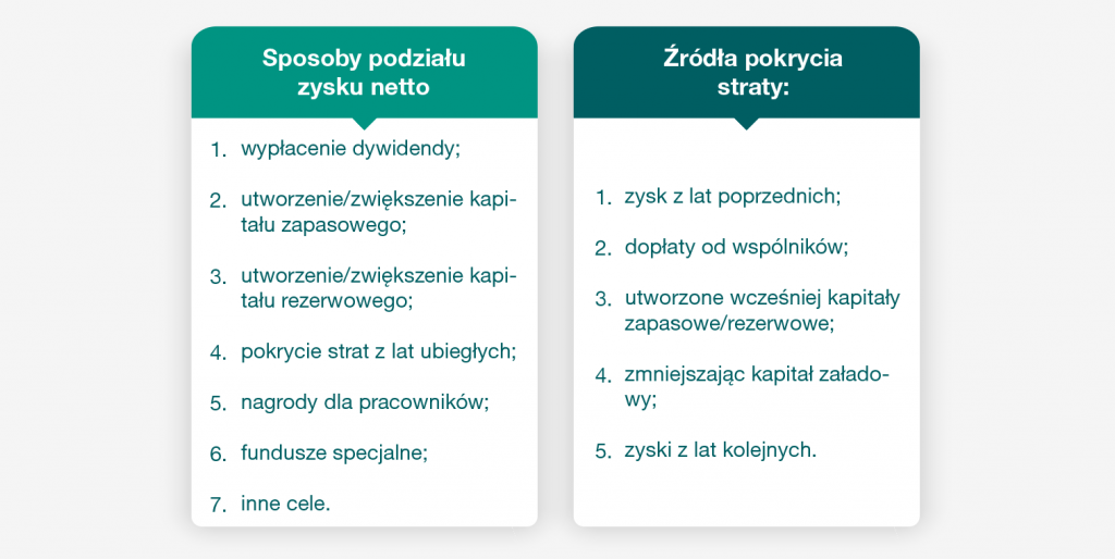 schemat prezentujący sposoby podziału zysku netto i źródła pokrycia straty