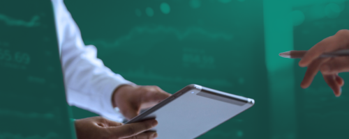 male hands with a tablet and one hand with a pen to sign dividend