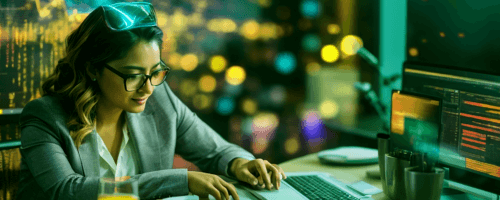woman with glasses works on documents at the computer