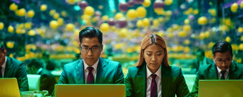 man and woman are wearing shirts and suits sitting at the desk in front of laptops and working, abstract 3D background with spheres