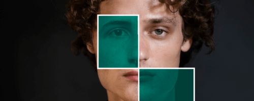 The image shows a young man with curly hair against a dark background. The face is divided into several geometric fragments, some of which are covered with a greenish, translucent filter.